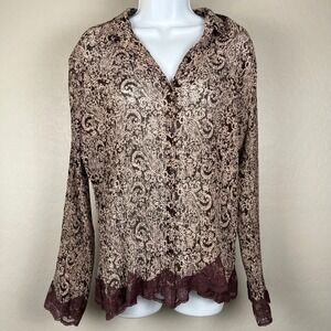Apt. 9 Paisley Blouse Top Size L Brown Beige Sheer‎ Lace Trim Long Sleeve